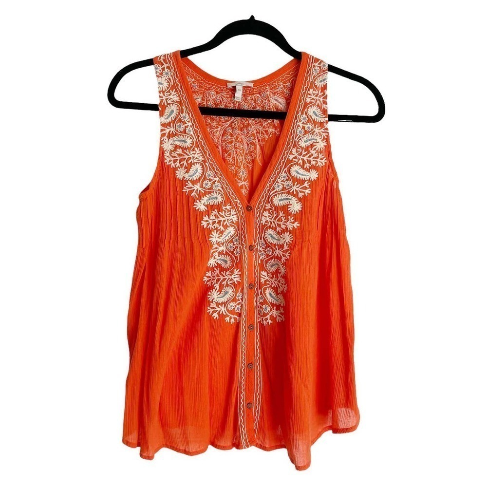 Joie Button Front Embroidered Floral Top Sleeveless Orange Women's Size XS